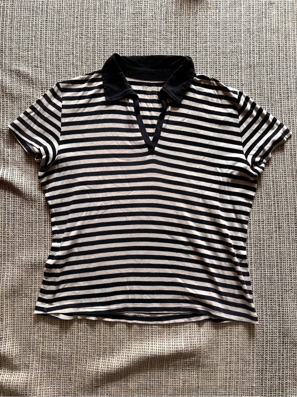 Navy and White Striped Woman Polo Top